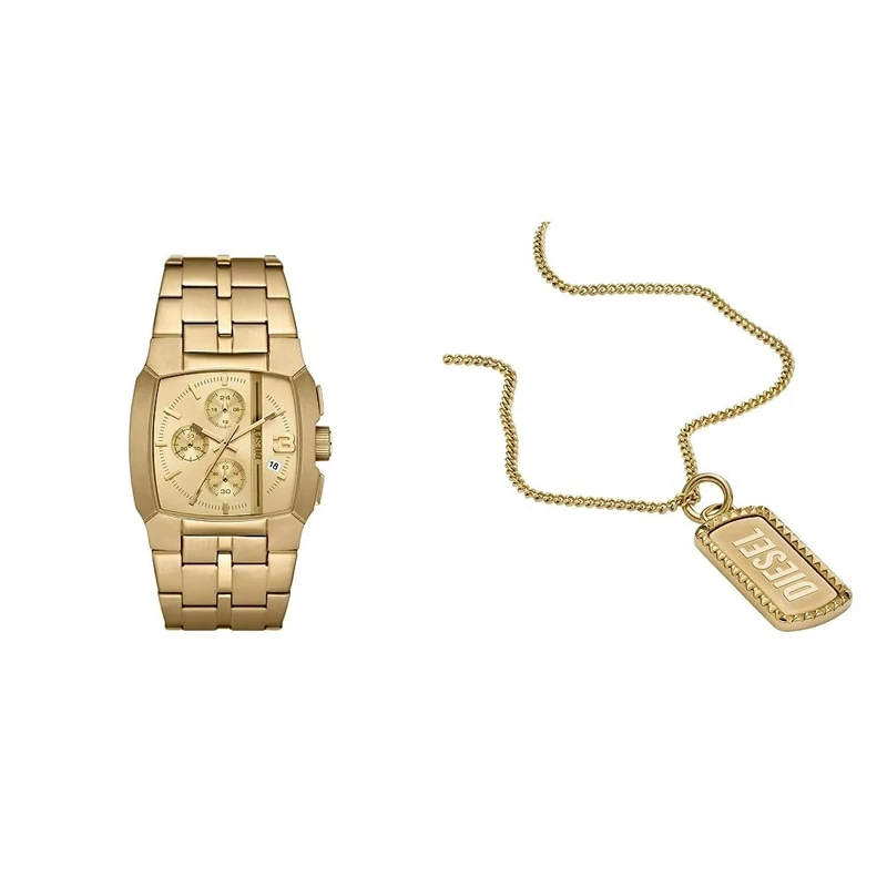 Diesel Men's Watch Cliffhanger and Dog Tag Necklace -Chronograph Movement, Gold-Tone Stainless Steel