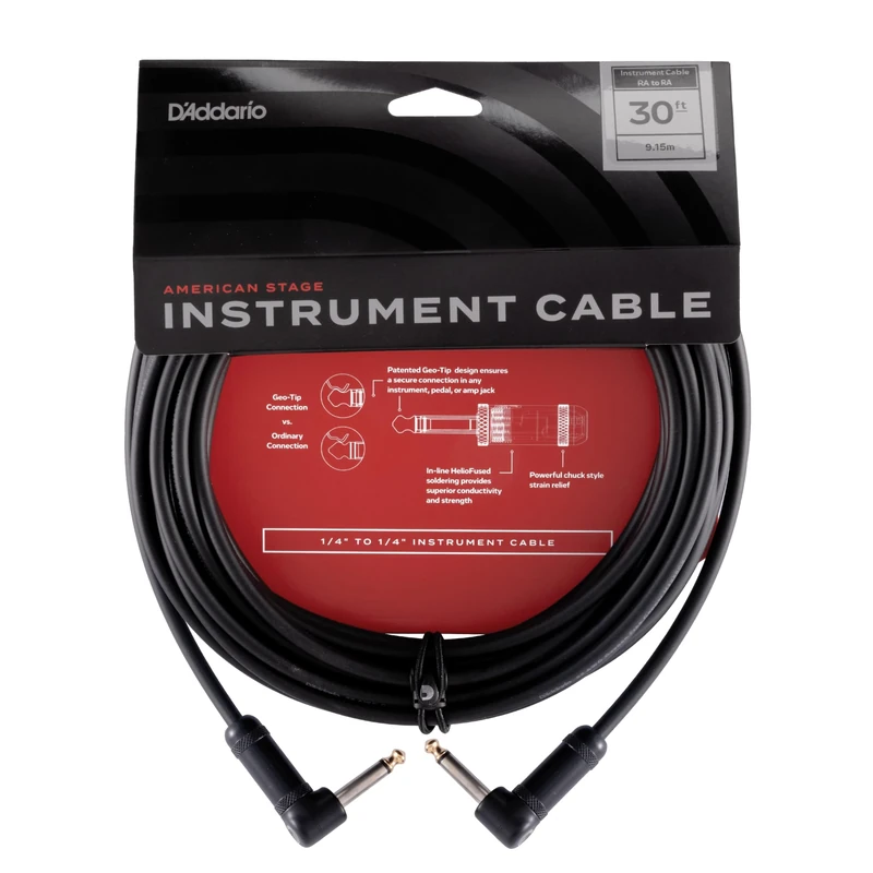 D'Addario Guitar Cable - Guitar Lead - 1/4 Inch Male to 1/4 Inch Male - American Stage Instrument Cable - Right Angle to Right Angle, 30ft