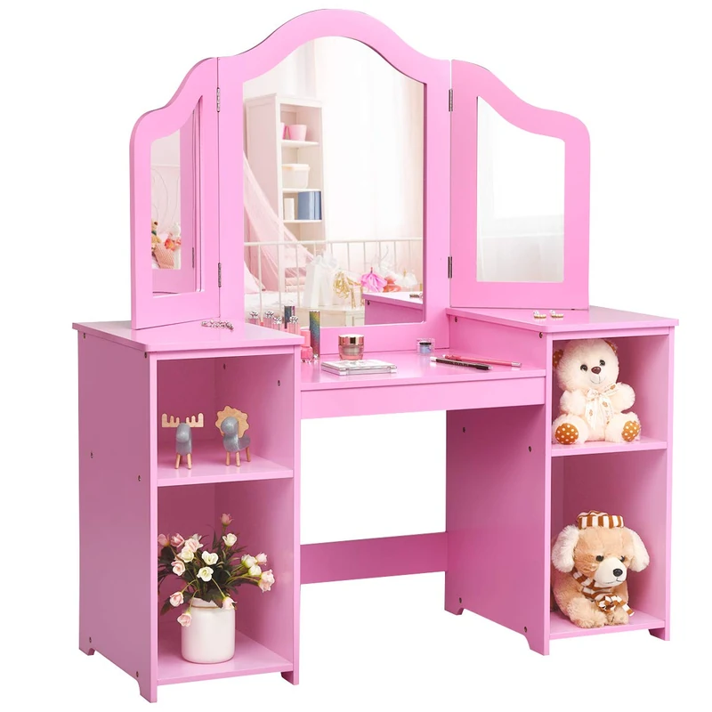 GYMAX Kids Dressing Table and Chair Set, 2 in 1 Children Vanity Table with Tri-Folding Mirror and Storage Shelf, Wooden Girls Make-up Dresser for Bedroom (Pink, Without Chair)