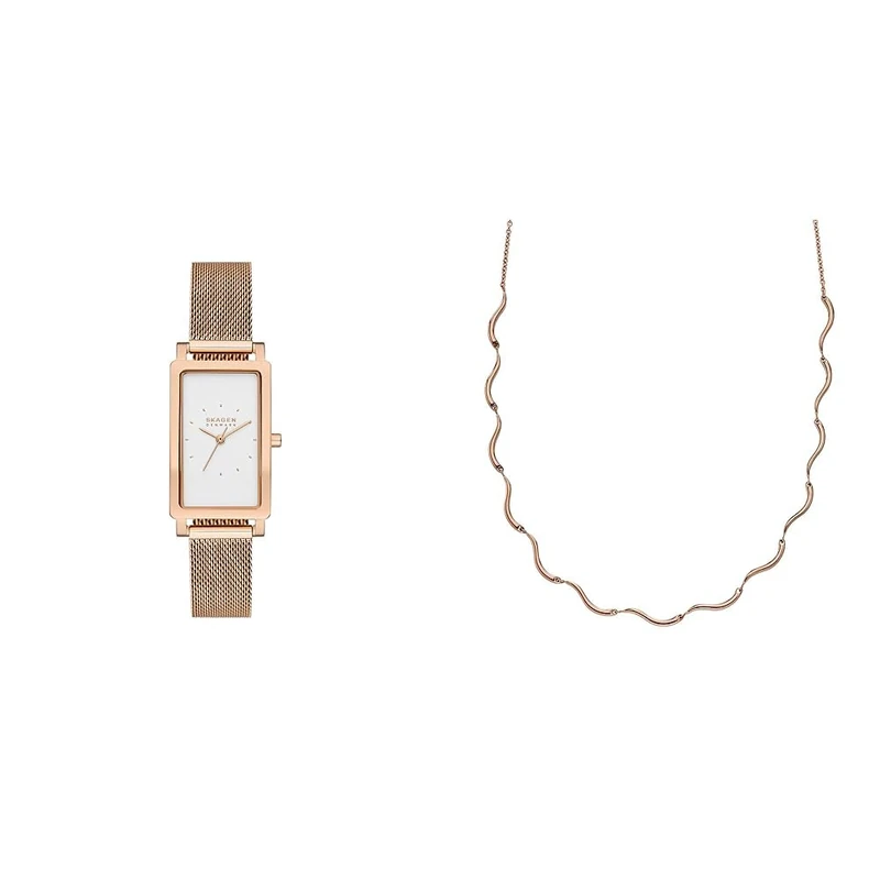 Skagen Women's Hagen Watch and Wave Chain Necklace - Three-Hand Movement, Rose-Tone Stainless Steel