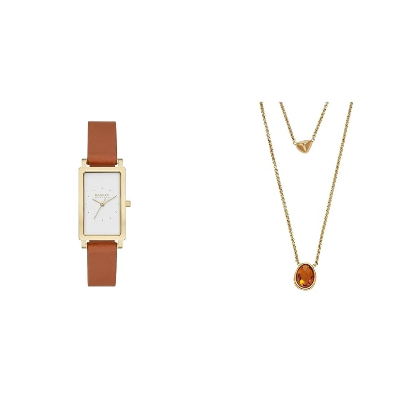 Skagen Women's Hagen Watch and Multi-Strand Necklace - Three-Hand Movement, Gold Stainless Steel Watch and Sea Glass Honey Glass Necklace