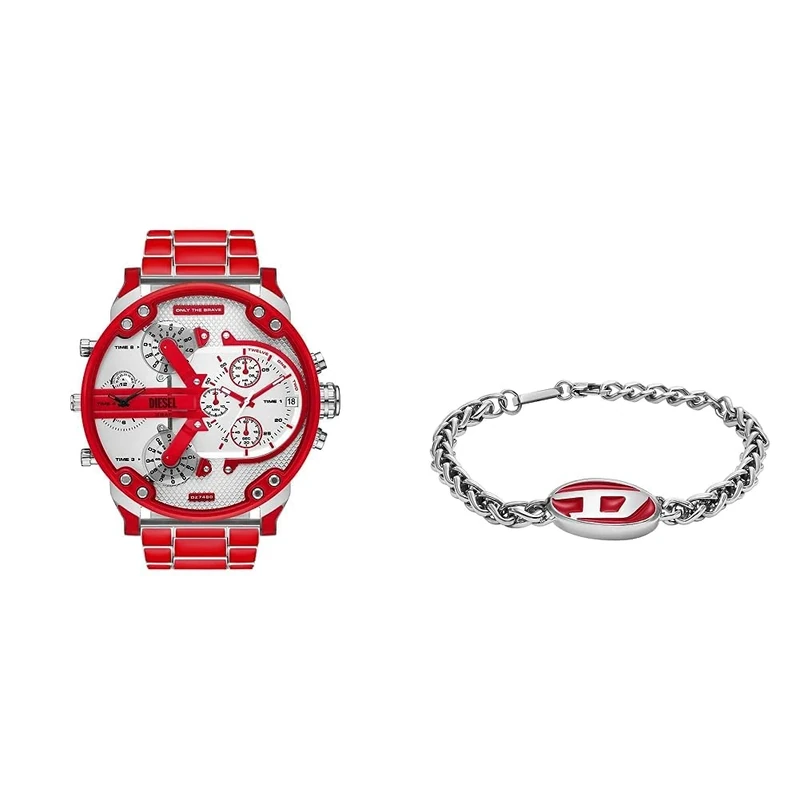 Diesel Men's Watch Mr Daddy 2.0 and Chain Bracelet - Two-Hand Movement, Red Enamel Stainless Steel