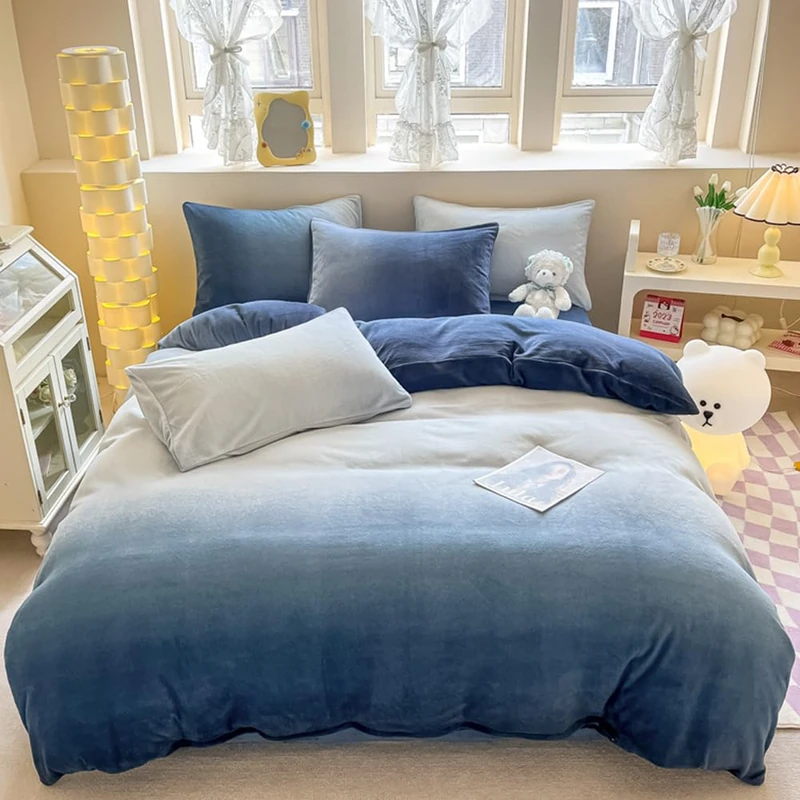 CLOTHKNOW Blue White Gradient Velvet Comforter Set Queen Size Blue Bedding Comforter Sets Soft All Season Comforters