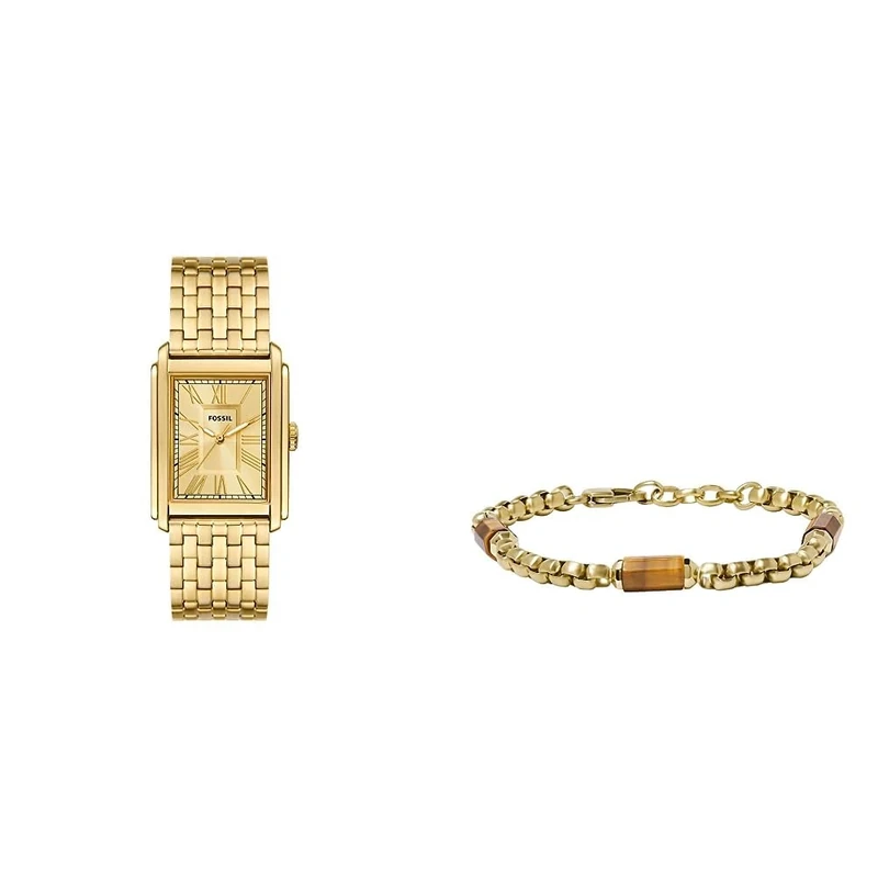 FOSSIL Men's Watch Carraway and Components Bracelet All Stacked Up - Three-Hand Movement, Gold-Tone Stainless Steel Watch and Brown Tiger's Eye Bracelet