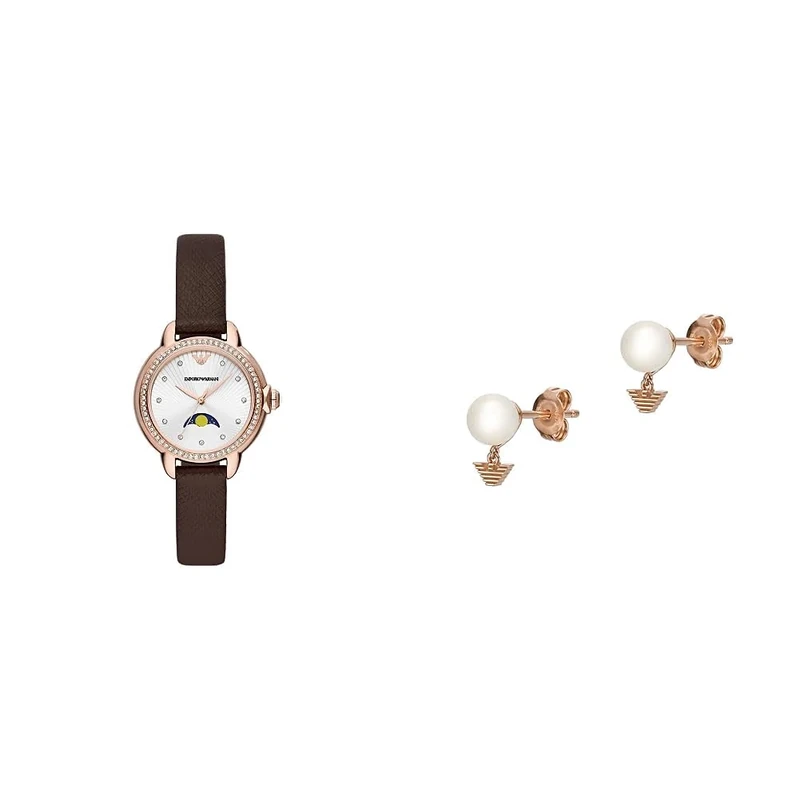 Emporio Armani Women's Watch and Stud Earrings - Three-Hand Moonphase, Rose Gold-Tone Stainless Steel Watch and White Pearl Earrings