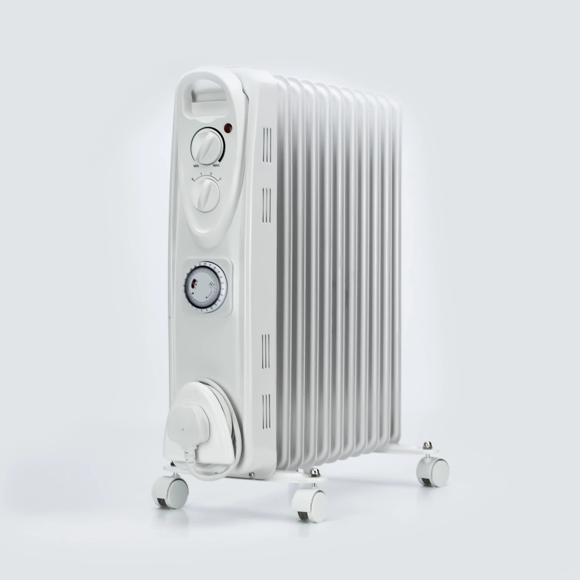 STATUS 11-Fin Oil-Filled Radiator 2500W, 3 Heat Settings with Adjustable Thermostat and 24-Hour Timer, Overheat and Tip-Over Protection, Easy-Roll Castors, White (OFH11-2500WT1PKB)