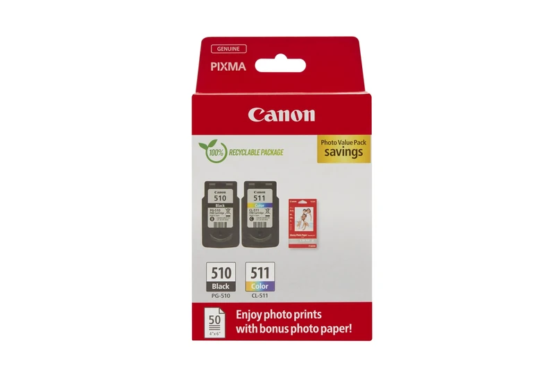 Canon PG-510 / CL-511 Genuine Ink Cartridges, Pack of 2 (1 x Black, 1 x Colour), Includes 50 sheets of 4x6 Photo Paper - Cardboard Multipack