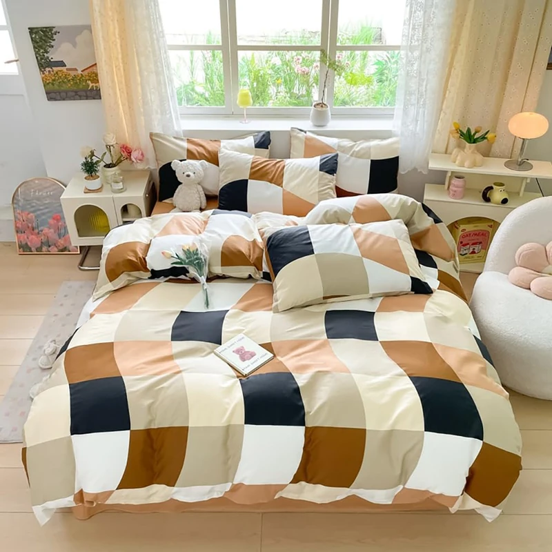 Houser Beige Cream White Black Brown Mosaic Plaid Comforter Sets Queen Modern Multicolor Beige and Brown Grid Bed Quilts Warm Comfy Soft Men Women Boys Girls Distorted Checker Breathable Bedding Queen