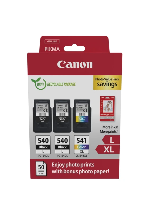 Canon PG-540L x 2 / CL-541XL High Yield Genuine Ink Cartridges, Pack of 3 (2 x Black, 1 x Colour); Includes 50 sheets of 4x6 Photo Paper - Cardboard Multipack