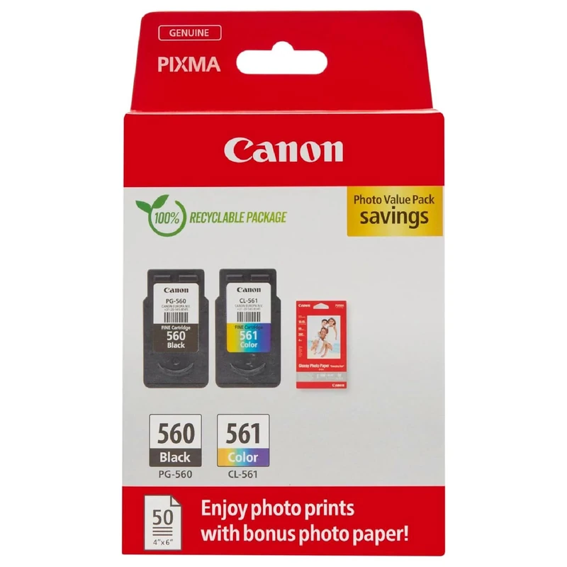 Canon Ink & Paper Multipack - PG-560/CL-561 Genuine Printer Ink Cartridges 2 Pack (1 x Black, 1 x Colour) & 4x6 Photo Paper (50 x Sheets)