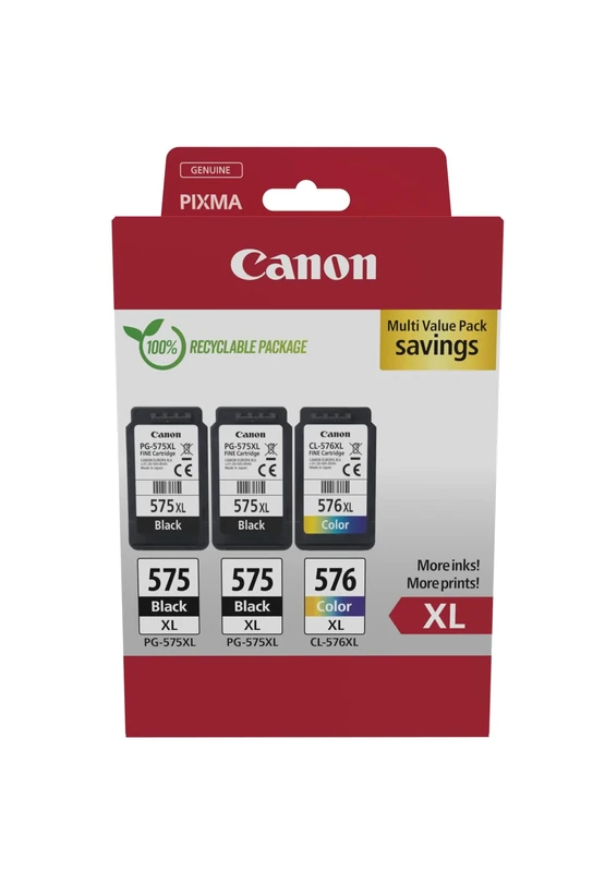 Canon PG-575XL x 2 / CL-576XL High Yield Genuine Ink Cartridges, Pack of 3 (2 x Black, 1 x Colour) - Security Cardboard Multipack