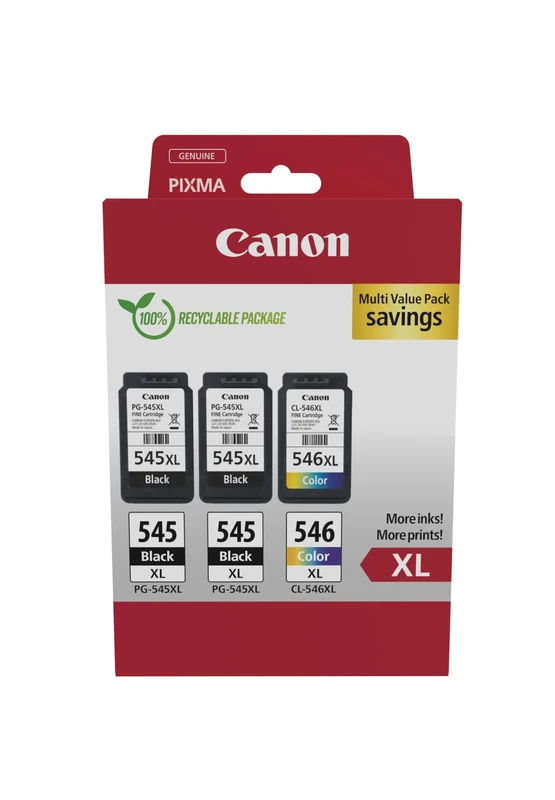 Canon PG-545XL x 2 / CL-546XL High Yield Genuine Ink Cartridges, Pack of 3 (2 x Black, 1 x Colour) - Cardboard Multipack