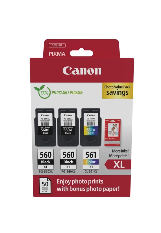 Canon PG-560XL x 2 / CL-561XL High Yield Genuine Ink Cartridges, Pack of 3 (2 x Black, 1 x Colour); Includes 50 sheets of 4x6 Photo Paper - Cardboard Multipack