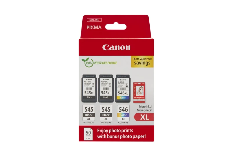 Canon PG-545XL x 2 / CL-546XL High Yield Genuine Ink Cartridges, Pack of 3 (2 x Black, 1 x Colour); Includes 50 sheets of 4x6 Photo Paper - Cardboard Multipack