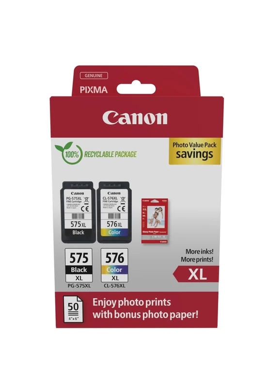 Canon PG-575XL / CL-576XL High Yield Genuine Ink Cartridges, Pack of 2 (1 x Black, 1 x Colour); Includes 50 sheets of 4x6 Photo Paper - Cardboard Multipack