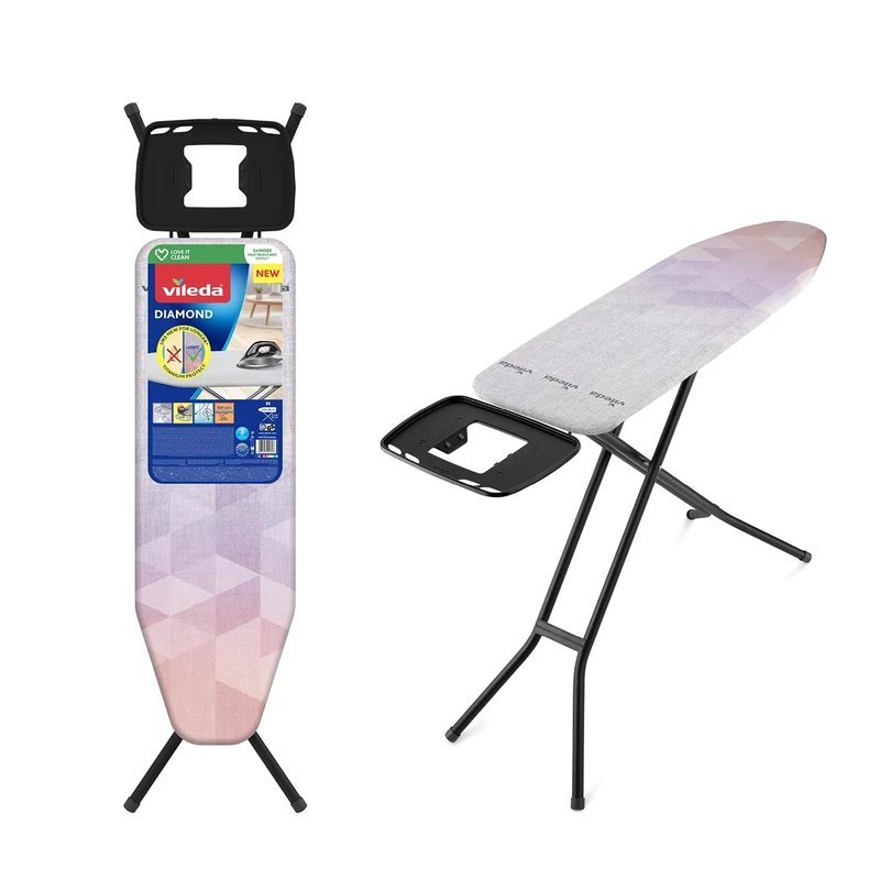 Vileda Diamond Medium Ironing Board - Height Adjustable up to 97cm - Foldable - Titanium-Coated Ironing Cover - Longer Like New - Compact and light - 120 x 38cm