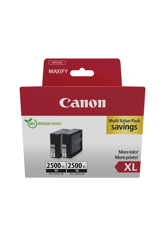 Canon PGI-2500XL High Yield Genuine Black Ink Cartridges, Pack of 2 - Cardboard Pack