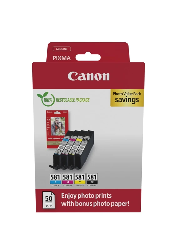 Canon CLI-581 C M Y BK VALUE Pack of 4 cartridges (Black Cyan Magenta Yellow) + 50 sheets of 10x15cm Photo Paper Genuine (Recycled Cardboard Multipack)