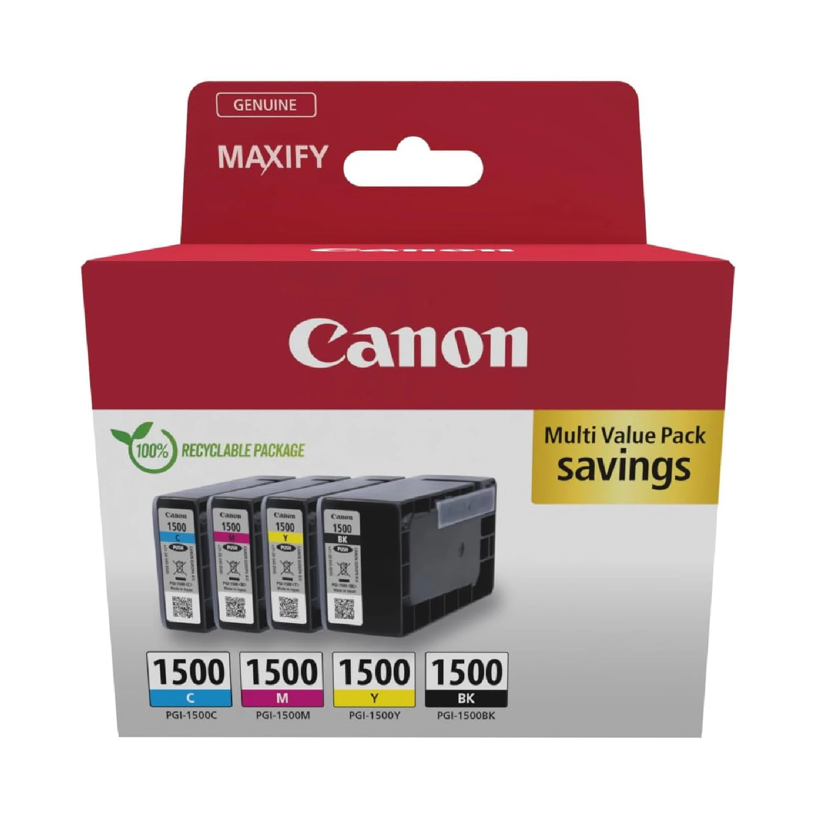 Canon Ink - PGI-1500 C M Y BK Genuine Colour Printer Ink Cartridges - 4 Pack (1 x Black, 1 x Cyan, 1 x Magenta & 1 x Yellow)