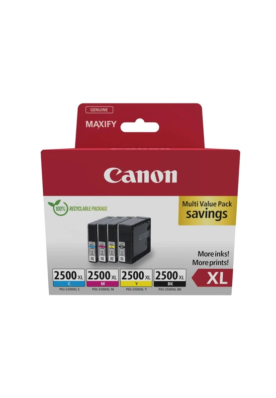 Canon PGI-2500 XL C M Y BK Pack of 4 cartridges Yield XL (Black XL Cyan XL Magenta XL Yellow XL) Genuine (Recycled Cardboard Multipack)