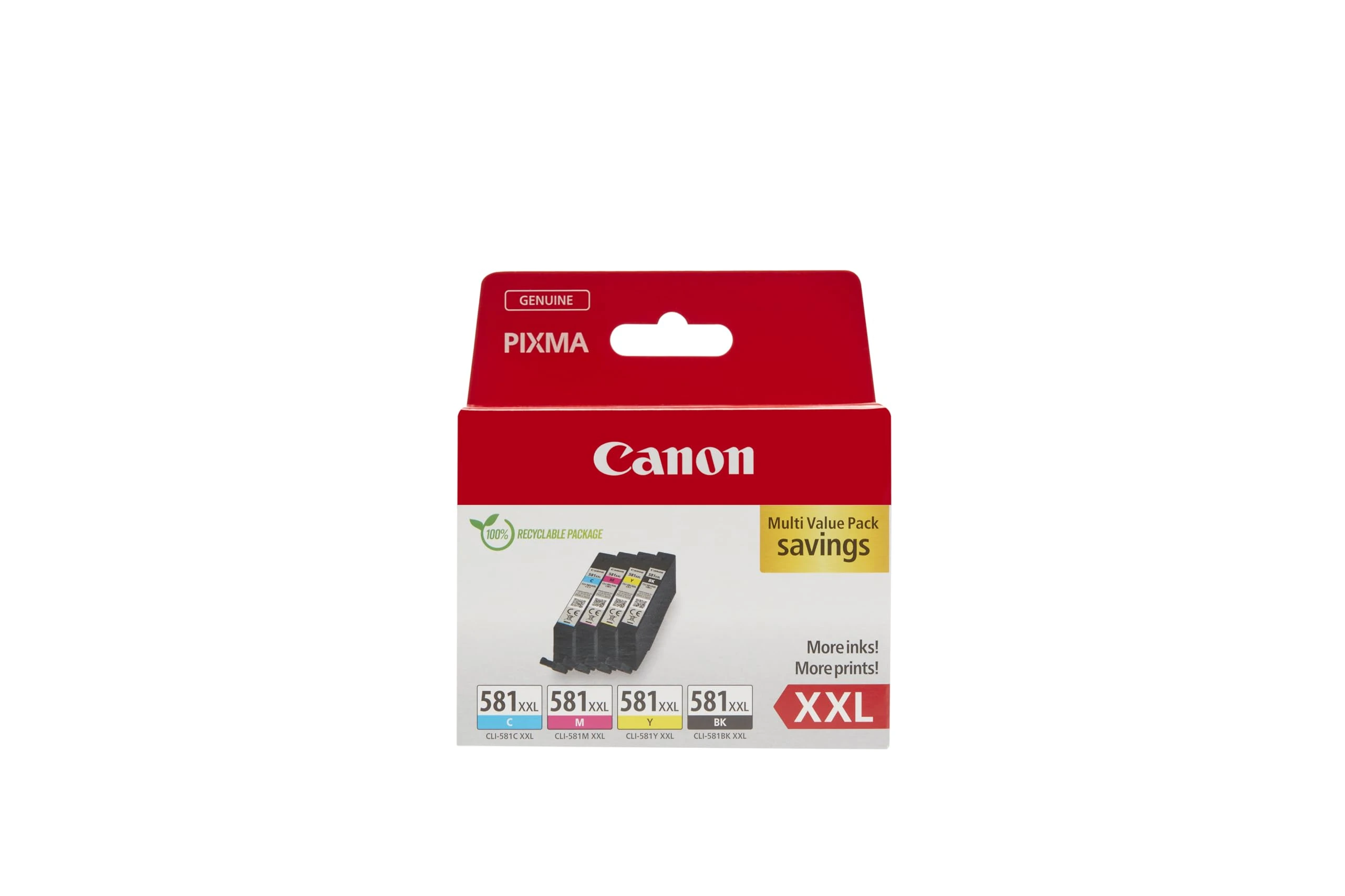 Canon CLI-581 XXL C M Y BK Pack of 4 cartridges Yield XXL (Black XXL Cyan XXL Magenta XXL Yellow XXL) Genuine (Recycled Cardboard Multipack)