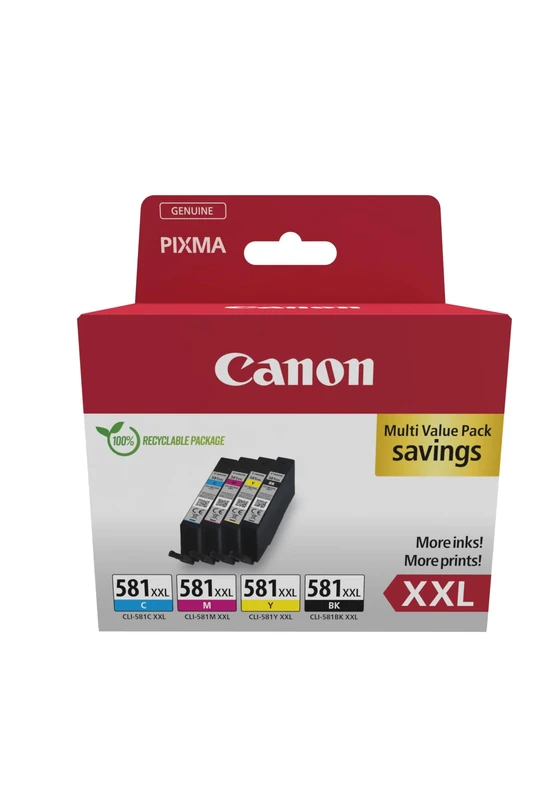 Canon CLI-581 XXL C M Y BK Pack of 4 cartridges Yield XXL (Black XXL Cyan XXL Magenta XXL Yellow XXL) Genuine (Recycled Cardboard Multipack)