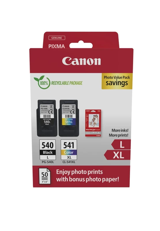 Canon PG540 L CL541 XL VALUE Pack of 2 cartridges (Black L Colour XL) + 50 sheets of 10x15cm Photo Paper Genuine (Recycled Cardboard Multipack)