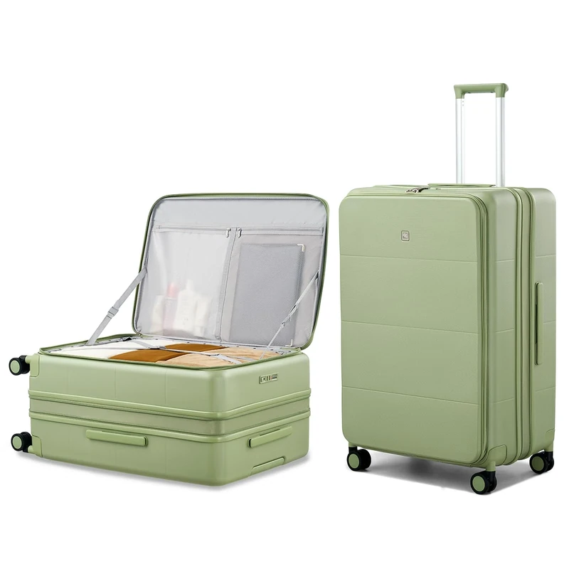 Hanke Luggage Suitcase, 20 Inch Carry On Luggage 24 Inch Checked Luggage with Spinner Wheels PC Hard Shell Suitcases TSA Luggage Travel Rolling Bag with Front Pocket, Bamboo Green(Sideways Opening),