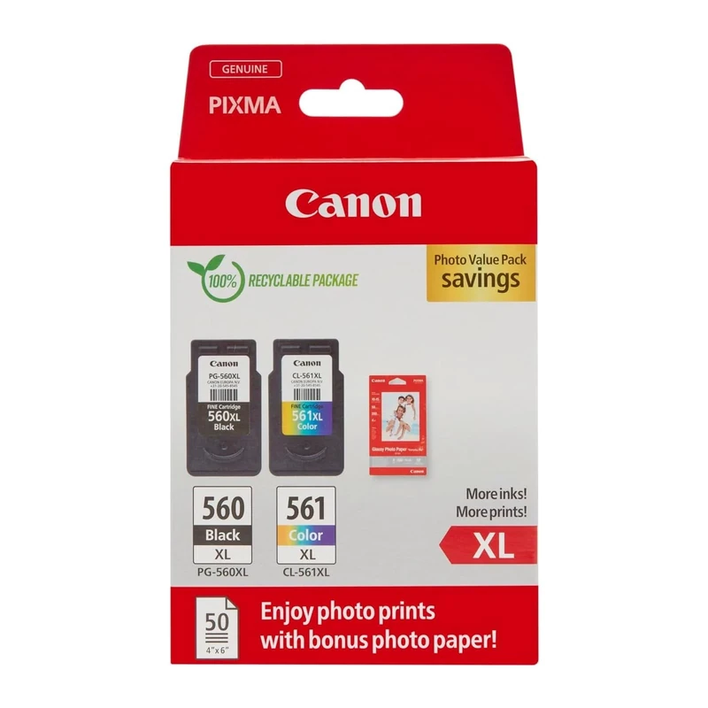 Canon Ink & Paper Multipack - PG-560XL/CL-561XL Genuine Printer Ink Cartridges 2 Pack (1 x Black XL, 1 x Colour XL) & 4x6 Photo Paper (50 x Sheets)