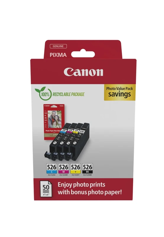 Canon CLI-526 C M Y BK VALUE Pack of 4 cartridges (Black Cyan Magenta Yellow) + 50 sheets of 10x15cm Photo Paper Genuine (Recycled Cardboard Multipack)