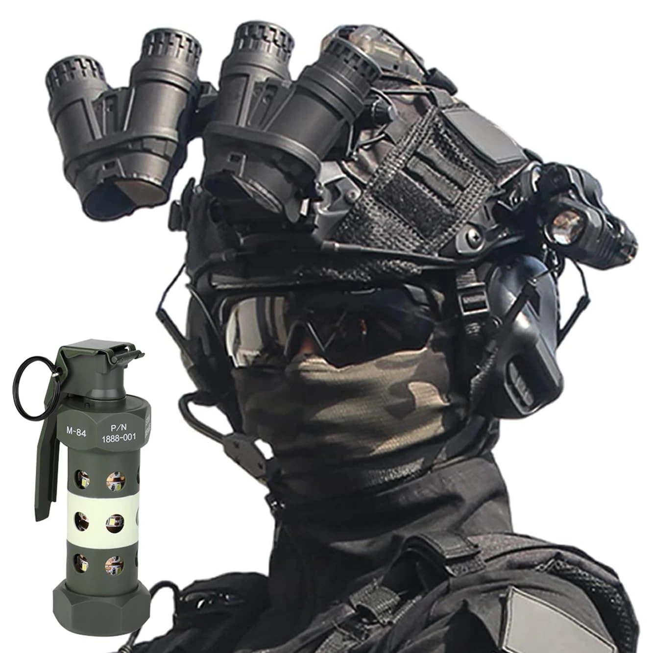 SIANKO Fast PJ Paintball Airsoft Helmet Set,with Tactical Headset,Goggles,Battery Pouch,Signal Light,Flashlights,Metal L4G24,NVG Model,Dummy Flashbang Model Light (Black)