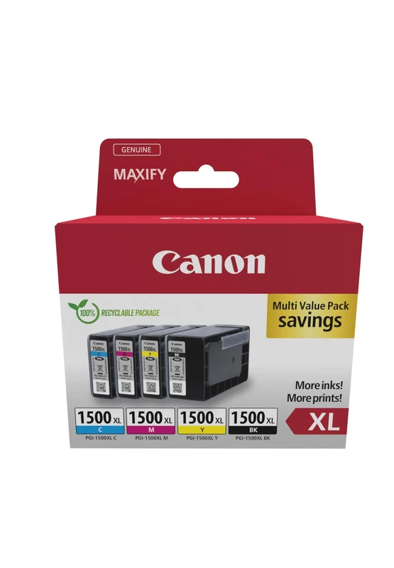 Canon PGI-1500 XL C M Y BK Pack of 4 cartridges Yield XL (Black XL Cyan XL Magenta XL Yellow XL) Genuine (Recycled Cardboard Multipack)