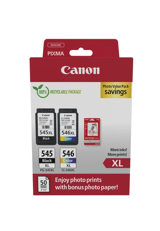 Canon PG-545 XL CL-546 XL VALUE Pack of 2 cartridges (Black XL Colour XL) + 50 sheets of 10x15cm Photo Paper Genuine (Recycled Cardboard Multipack)