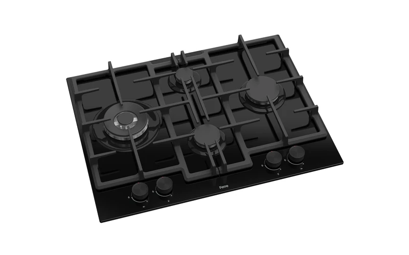 Ferre ED075W - 65cm Built-in Gas Hob - 4 Burners - Cast Iron Pan Supports - Black Glass Body