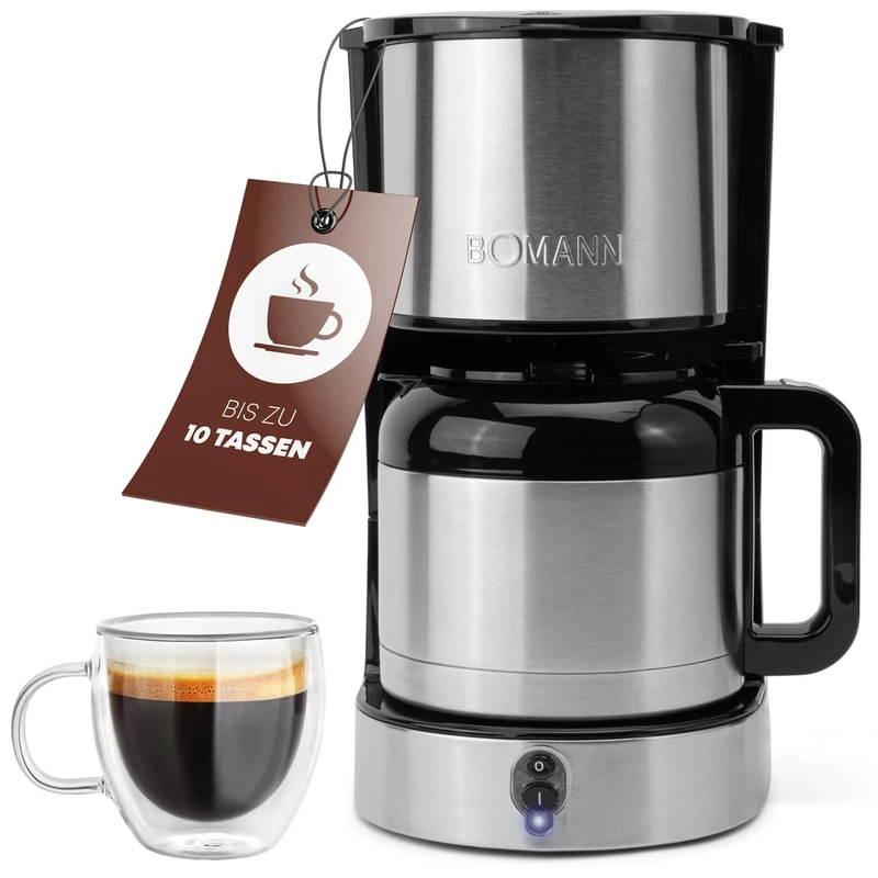 Bomann® Coffeemaker with insulated jug for 8 to 10 cups of coffee (approx. 1.2 l) | Stainless steel filter coffee machine | Double-walled thermos jug | No loss of temperature | Coffeemaker 800
