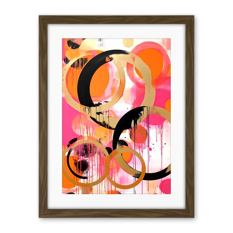 Artery8 Abstract Circles Oil Painting Bright Pink Orange Gold Black Geometric Drip Paint Artwork Framed Wall Art Print 18X24 Inch