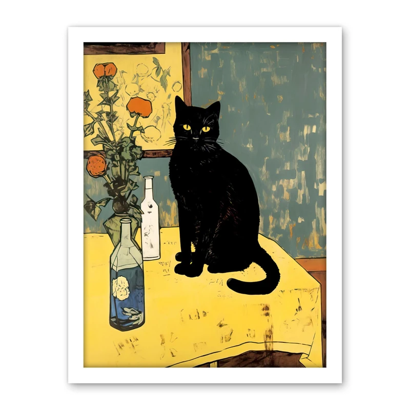 Artery8 Simple Black Cat on Yellow Table Oil Painting Van Gogh Style Flowers Artwork Framed Wall Art Print 18X24 Inch - Image 1