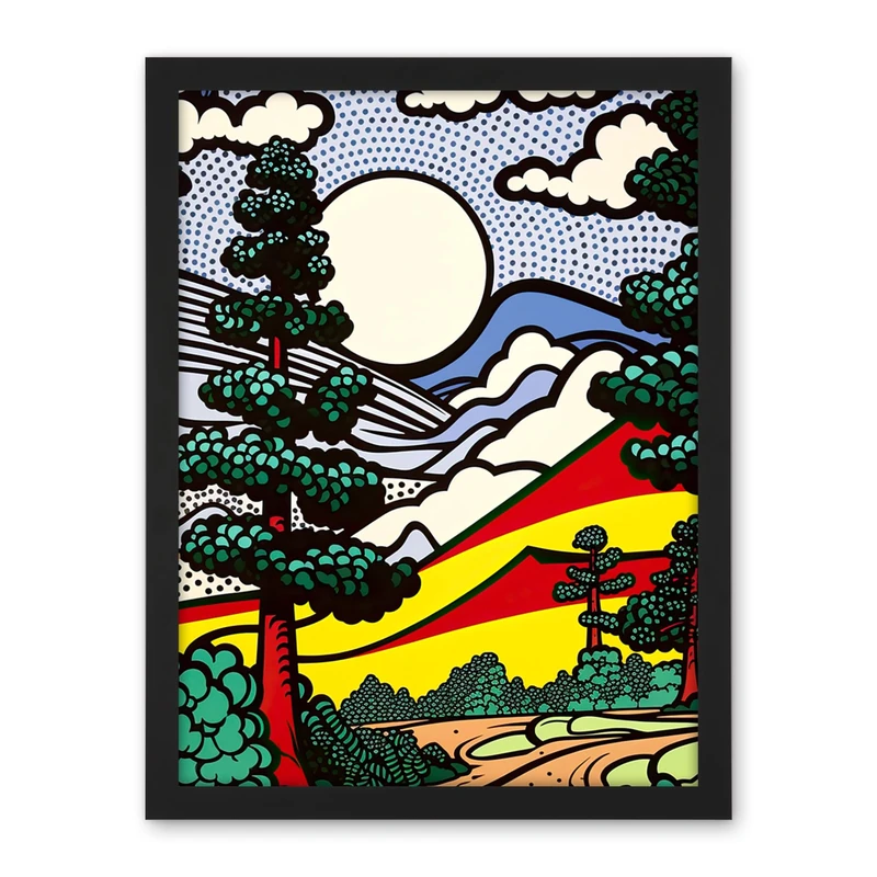 Artery8 Modern Pop Art Forest Mountain Landscape Bright Colourful Comic Book Style Halftone Artwork Framed Wall Art Print 18X24 Inch