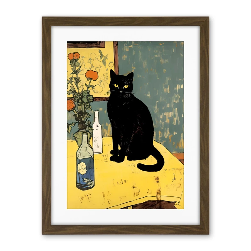 Artery8 Simple Black Cat on Yellow Table Oil Painting Van Gogh Style Flowers Artwork Framed Wall Art Print 18X24 Inch - Image 1