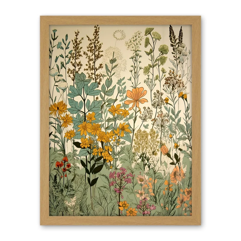 Artery8 Wildflower Vintage Botanical Painting Pastel Yellow Green Teal Pink Spring Field Artwork Framed Wall Art Print 18X24 Inch