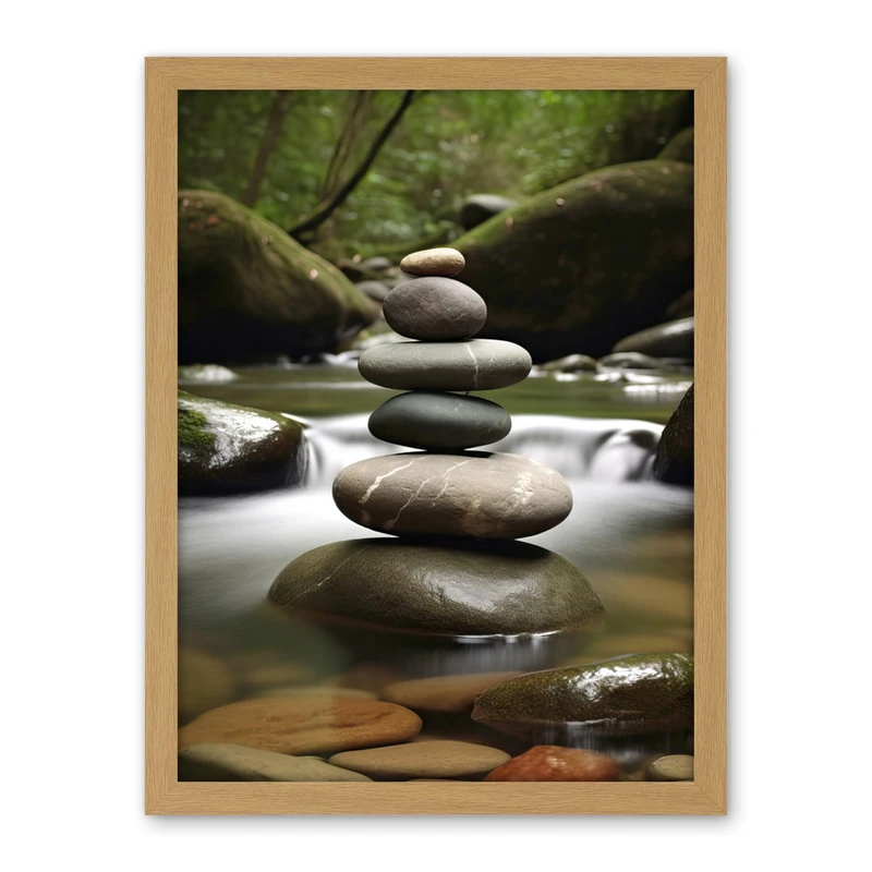 Artery8 Zen Massage Stone Photograph Waterfall River Nature Beauty Salon Therapy Room Artwork Framed Wall Art Print 18X24 Inch - Image 1