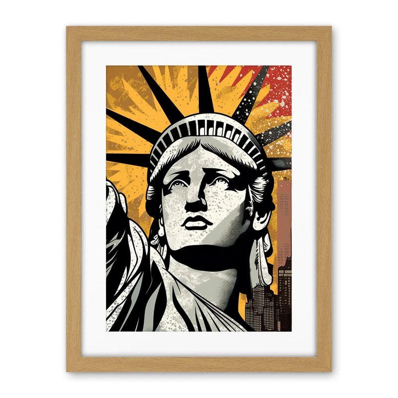 Artery8 Statue of Liberty Comic Book Style Black Red Yellow New York City Skyscraper Artwork Framed Wall Art Print 18X24 Inch