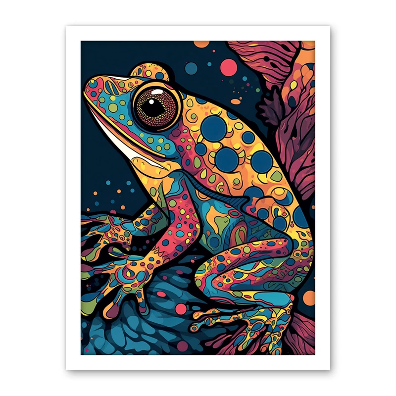Artery8 Frog Portrait Acrylic Painting Colourful Psychedelic Patterns Aquatic Animal Modern Pop Art Artwork Framed Wall Art Print 18X24 Inch