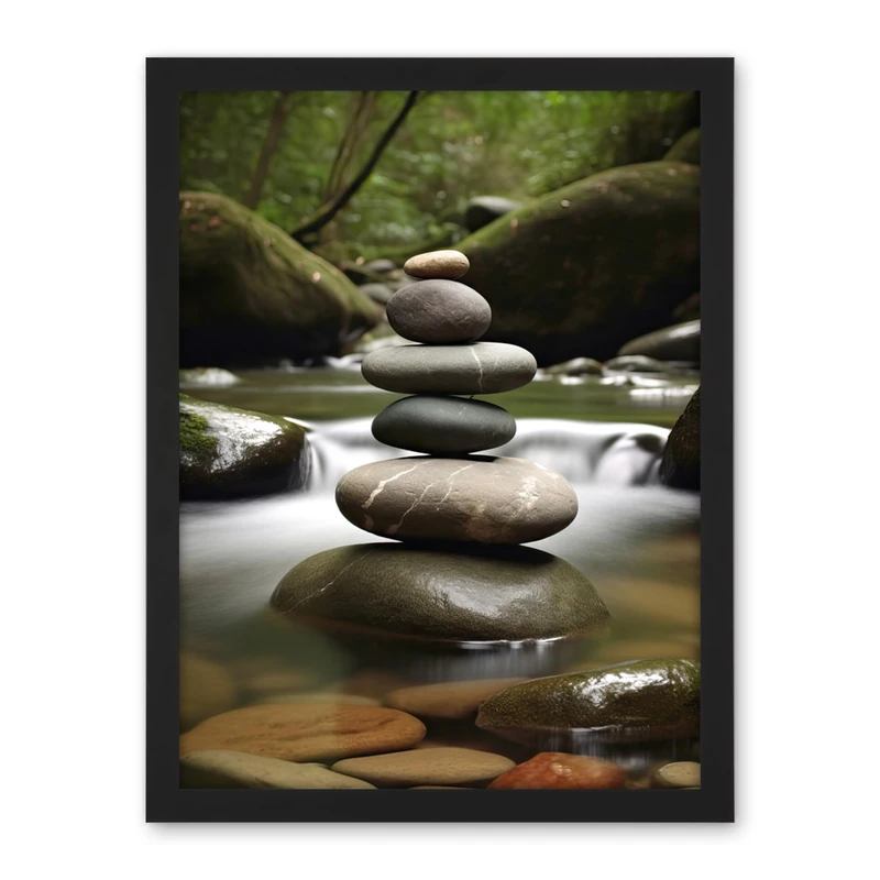 Artery8 Zen Massage Stone Photograph Waterfall River Nature Beauty Salon Therapy Room Artwork Framed Wall Art Print 18X24 Inch