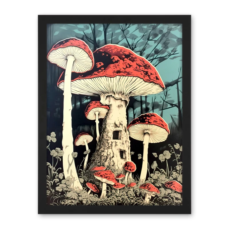 Artery8 Mushroom Fairy House Pastel Red Blue Green Magical Forest Fantasy Concept Kitchen Artwork Framed Wall Art Print 18X24 Inch