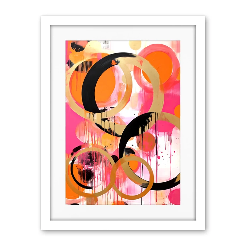 Artery8 Abstract Circles Oil Painting Bright Pink Orange Gold Black Geometric Drip Paint Artwork Framed Wall Art Print 18X24 Inch