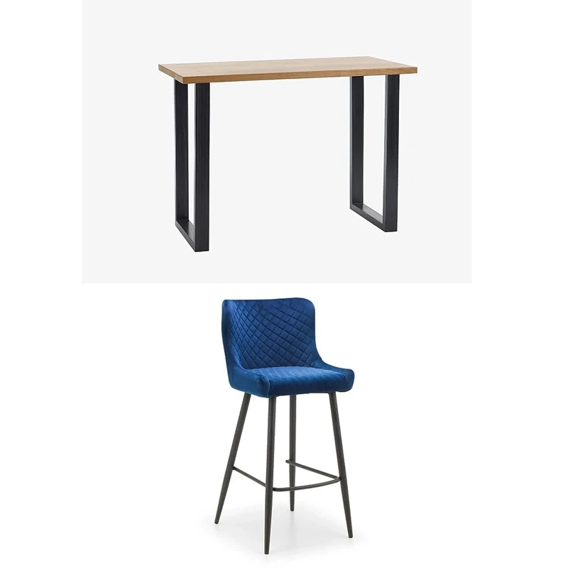 Julian Bowen Set of Set Of Brooklyn Oak Bar Table And 2 Luxe Blue Bar Stools
