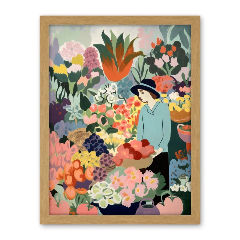 Artery8 Danish Pastel Aesthetic Flower Market Watercolour Painting Woman Bouquet Artwork Framed Wall Art Print 18X24 Inch