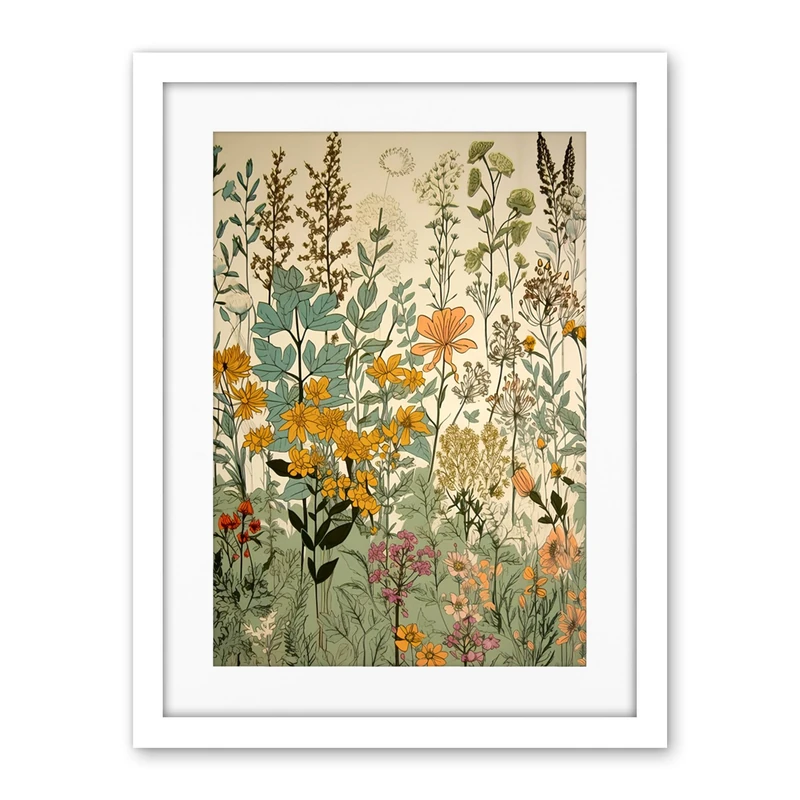 Artery8 Wildflower Vintage Botanical Painting Pastel Yellow Green Teal Pink Spring Field Artwork Framed Wall Art Print 18X24 Inch
