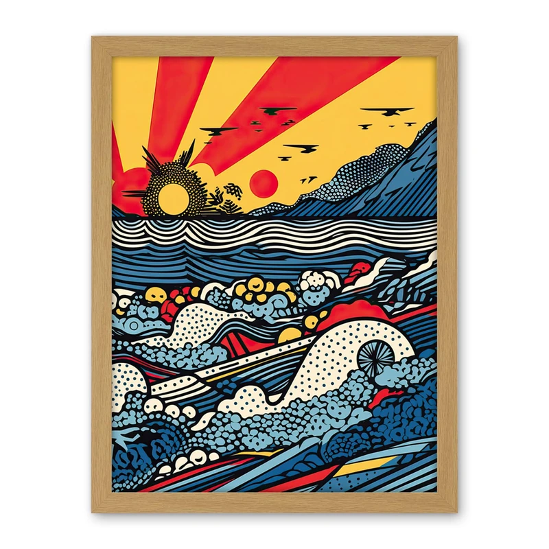 Artery8 Seascape Sunset Comic Book Style Geometric Pattern Waves Polka Dot Halftone Artwork Framed Wall Art Print 18X24 Inch